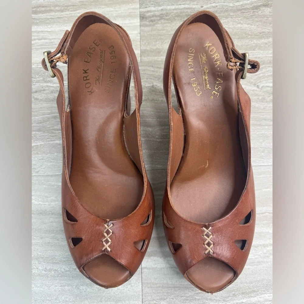 Kork-Ease Brown Leather Peep-Toe Wedge Slingbacks